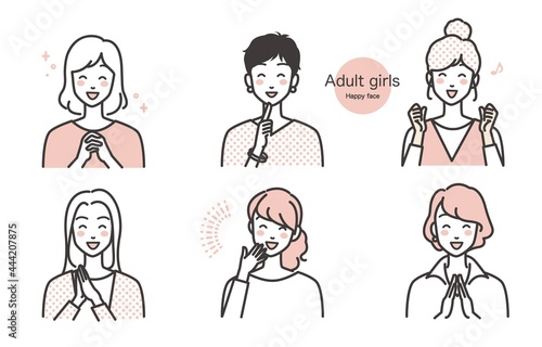 満面の笑顔の女性達のイラストカット ベクター 正面 嬉しい 喜ぶ