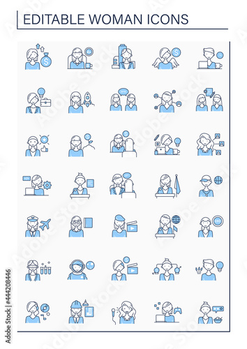 Woman line icons set. Consists of comedian, gamer, dj, invest, film director, CEO, pilot, boss, angel investors etc. Successful woman concept. Isolated vector illustrations.Editable stroke