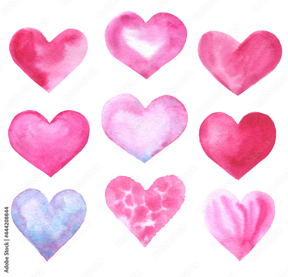set of pink and red watercolor heart symbols isolated on white. hand drawn