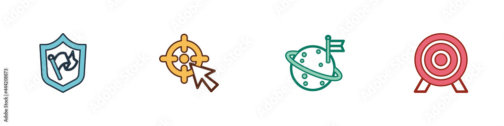 Set Shield with flag, Target, Moon and icon. Vector Set Shield with flag, Target, Moon and icon. Vector