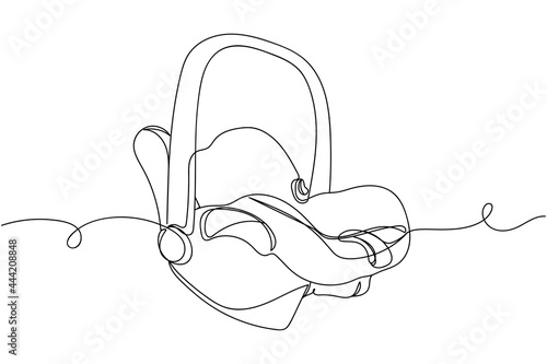 Continuous one line of baby safety car seat in silhouette on a white background. Linear stylized.Minimalist.