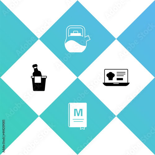 Set Champagne in an ice bucket, Restaurant cafe menu, Kettle with handle and Online ordering delivery icon. Vector
