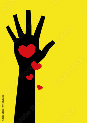 Modern minimalistic poster background. Black silhouette of a hand from which red hearts fall. Love story, romance design with copyspace suitable for A3, А4 format. Banner, card for valentine's day