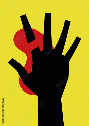 Modern minimalistic poster background. Black silhouette of a hand with a severed finger and a red blood stain on a yellow background. Thriller, horror, detective design with copyspace suitable for A4,