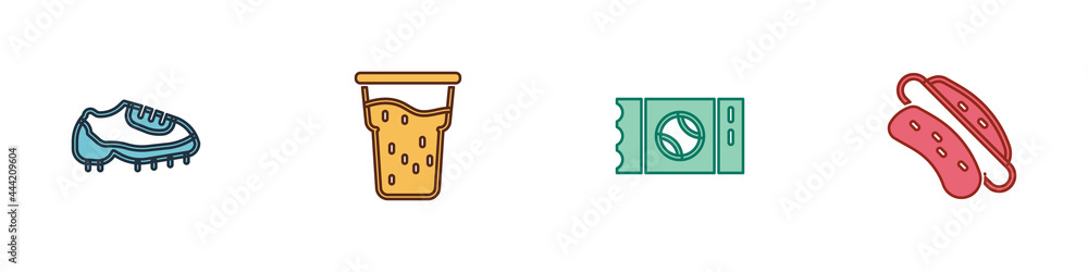 Set Baseball boot, Glass of beer, ticket and Hotdog sandwich icon. Vector Set Baseball boot, Glass of beer, ticket and Hotdog sandwich icon. Vector