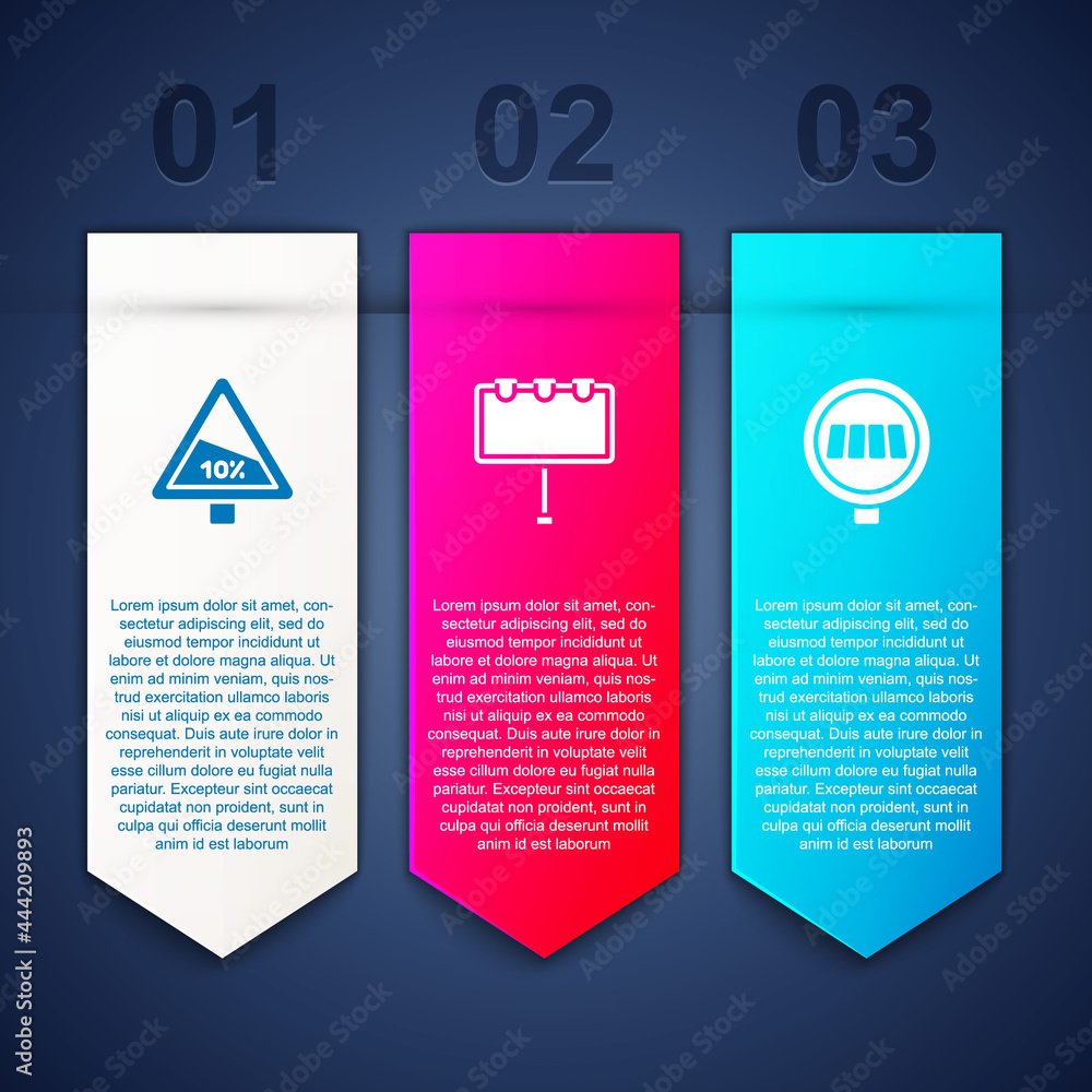 Set Steep ascent and descent road, Billboard with lights and Pedestrian crosswalk. Business infographic template. Vector Set Steep ascent and descent road, Billboard with lights and Pedestrian crosswalk. Business infographic template. Vector