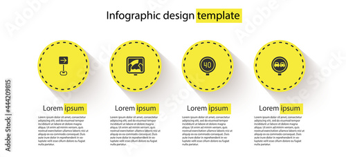 Set Traffic sign turn right, Drawbridge ahead, Speed limit traffic and No overtaking road. Business infographic template. Vector