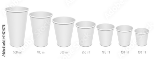Set of vector realistic blank disposable coffee cups. Different sizes of open empty paper glasses for vending and takeaway drinks.