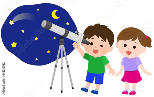 望遠鏡で天体観測する男の子　女の子　イラスト