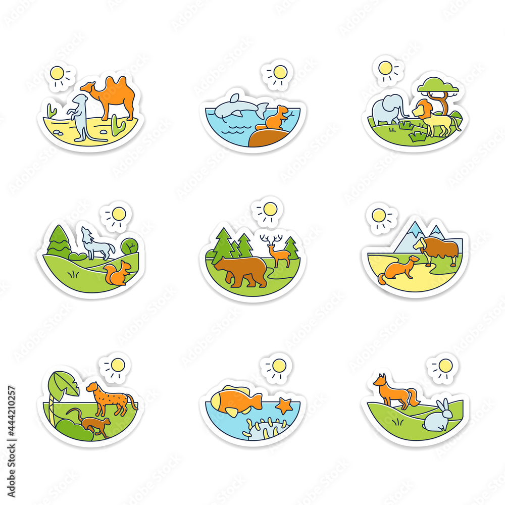 Biodiversity stickers icons. Desert, temperate forest, taiga forest, freshwater badge for designs. Biodiversity vector emblem - obrazy, fototapety, plakaty 