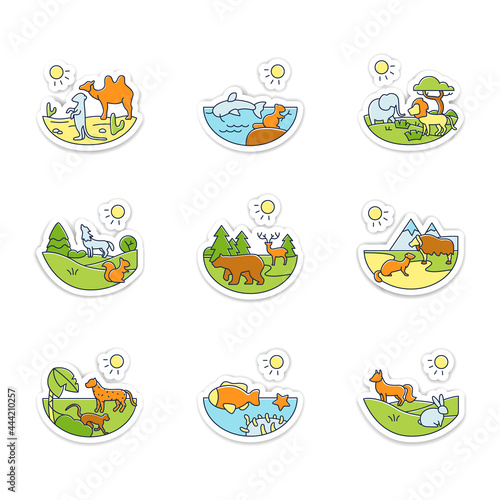 Biodiversity stickers icons. Desert, temperate forest, taiga forest, freshwater badge for designs. Biodiversity vector emblem