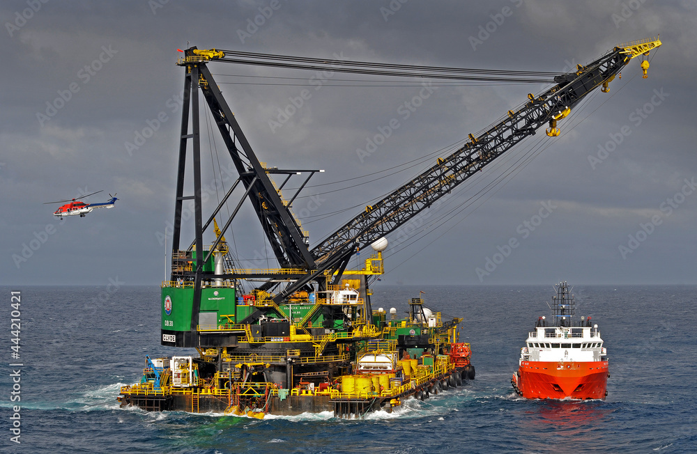 Huge offshore Derrick Barge aerial views during construction on Bass Strait Australia.
