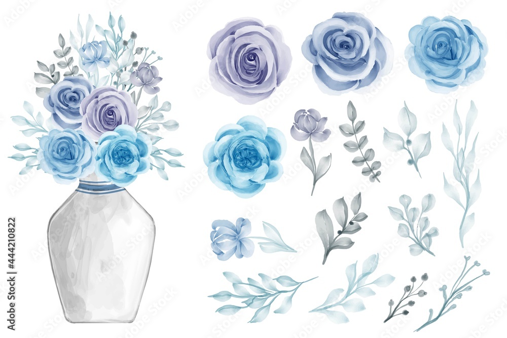 Assortment of watercolor leaves with flowers blue