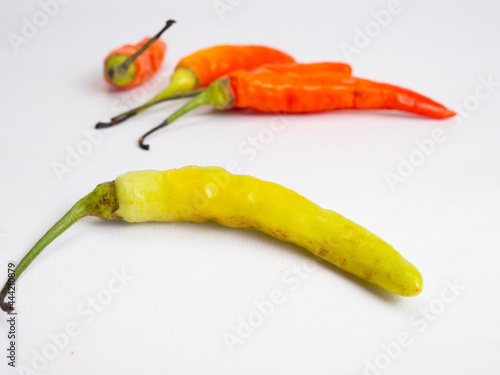 Close up shoot of red hot chillies on a white background