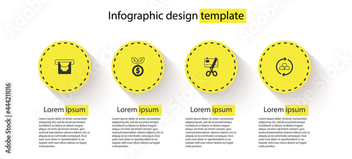 Set ATM and money, Dollar plant, Scissors cutting credit card and Gold bars. Business infographic template. Vector