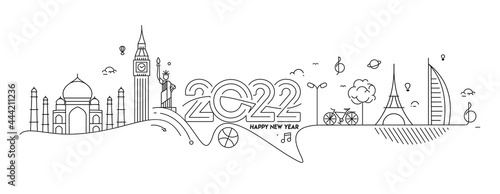 Happy New Year 2022 Text with travel world Design Patter, Vector illustration.