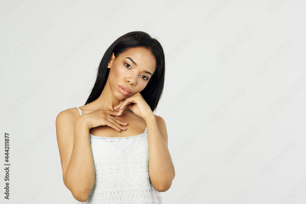 beautiful african american woman in white t-shirt attractive look cosmetics beautiful african american woman in white t-shirt attractive look cosmetics
