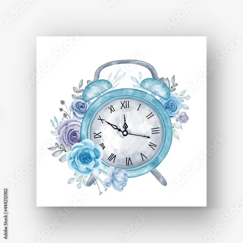 clock alarm flower blue watercolor illustration