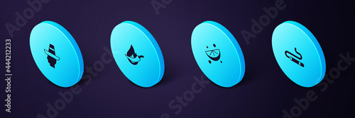 Set Isometric Cigar, Sliced lime, Hot chili pepper pod and Mexican man sombrero icon. Vector