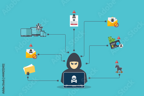 Hacker with laptop computer stealing confidential data, personal information and credit card detail. Hacking concept.	