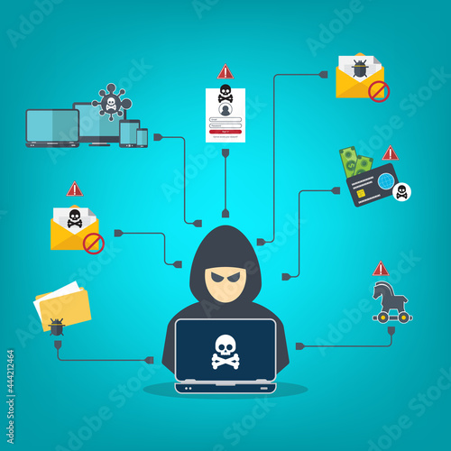 Hacker with laptop computer stealing confidential data, personal information and credit card detail. Hacking concept.	