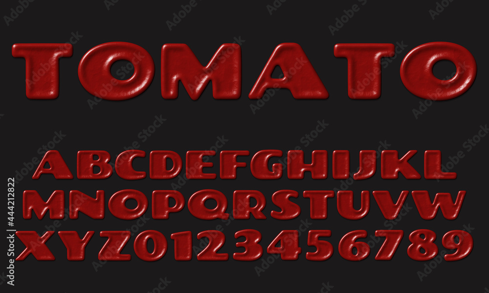 Red glossy tomato alphabet with capital letters and numbers, ketchup or sauce abc, colorful textured display font, 3D rendering, creative uppercase typography for poster, banner, promotion
