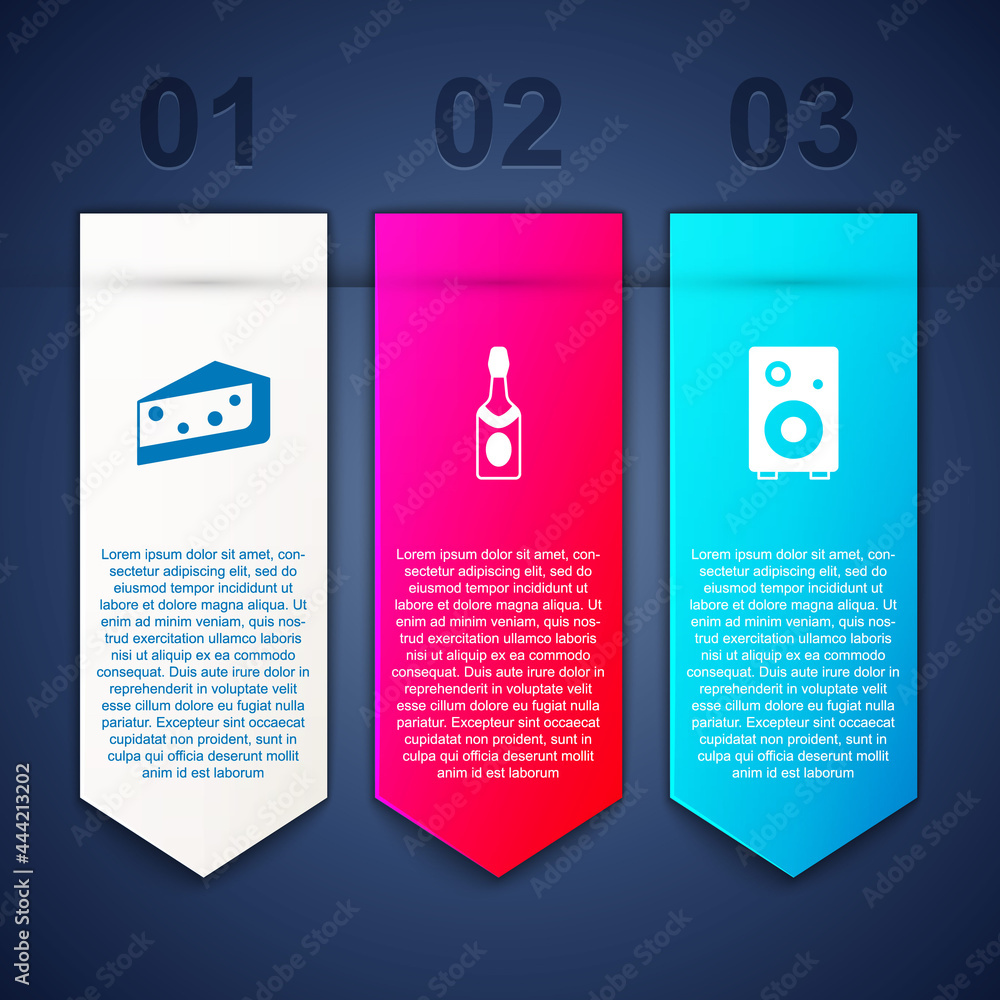 Set Piece of cake, Champagne bottle and Stereo speaker. Business infographic template. Vector Set Piece of cake, Champagne bottle and Stereo speaker. Business infographic template. Vector