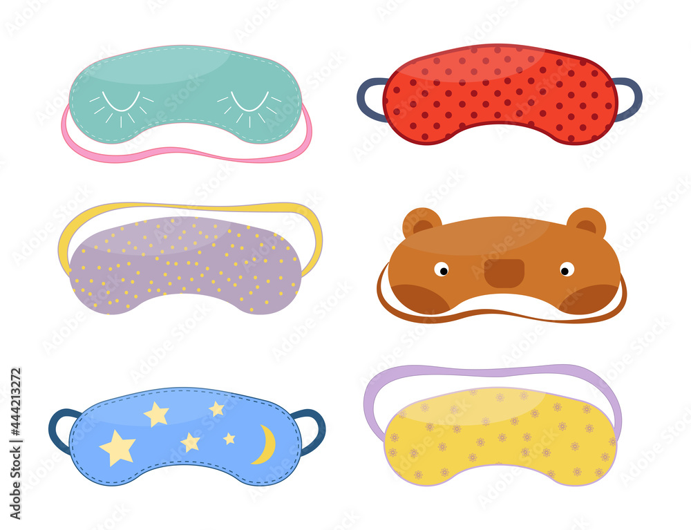 Set of different sleep masks in flat style. .Sleeping eye protection wear accessory, for relax in traveling. .Isolated on white background. Vector illustration.