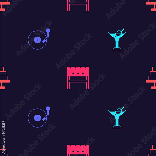 Set Martini glass, Vinyl player with disk, BBQ brazier and Cake on seamless pattern. Vector