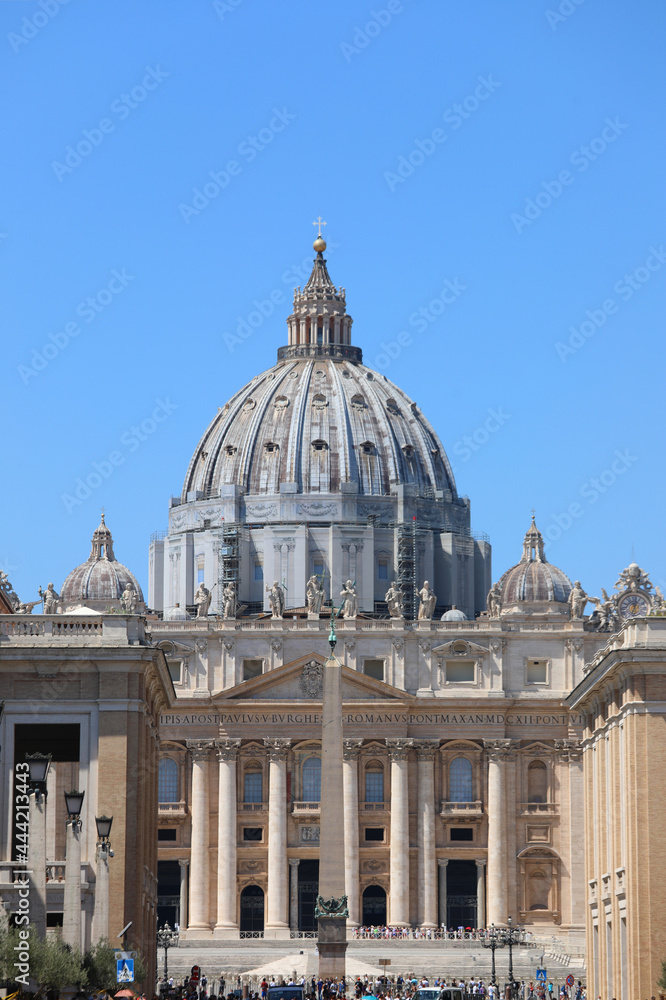 Vatican City, VA, Vatican - August 16, 2020: Huge Dome of Saint Peter from Conciliazione Road
