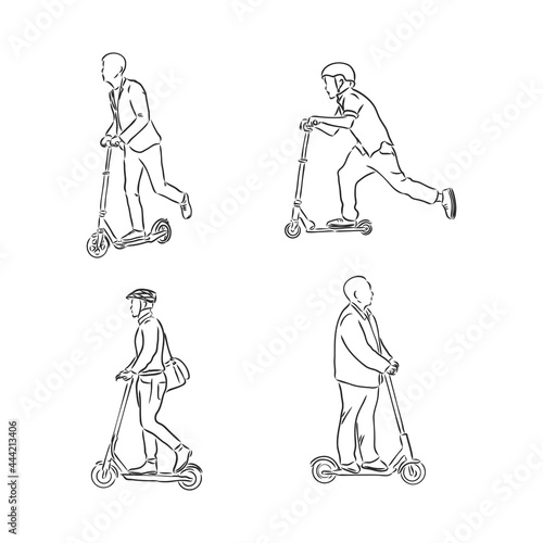 Continuous line woman rides an electric scooter with raised leg