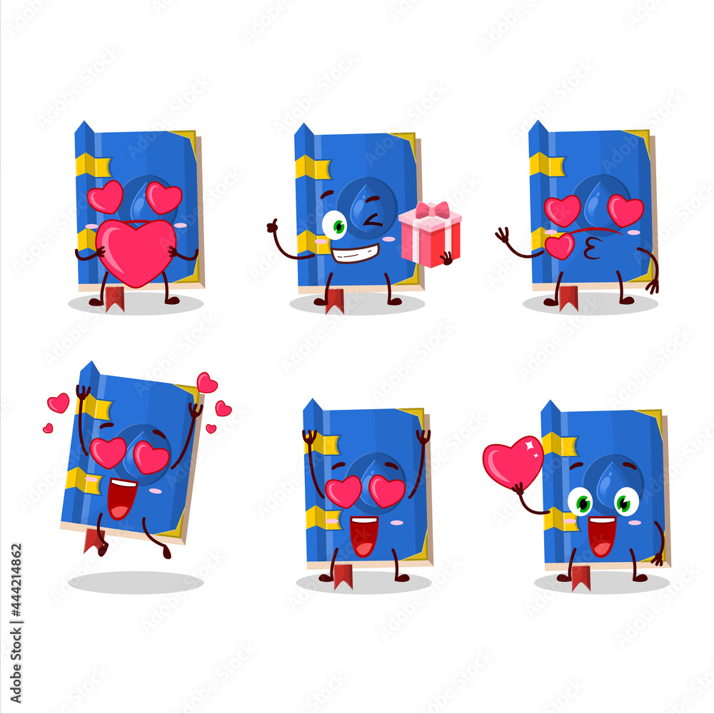 Fototapeta premium Water book of magic cartoon character with love cute emoticon
