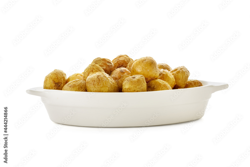 Baking dish with tasty baked potato on white background Baking dish with tasty baked potato on white background
