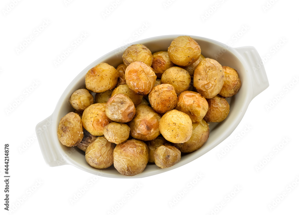 Baking dish with tasty baked potato on white background Baking dish with tasty baked potato on white background
