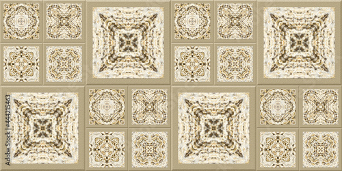 A large panel made of mosaic square tiles with a texture of decorative plaster and stucco molding for interior home decoration. Seamless pattern. Wall tile design.