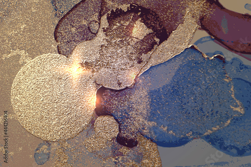 Burgundy, blue and gold abstract marble pattern with sparkles. Vector background in alcohol ink technique with glitter. Template for banner, poster design. Fluid art painting