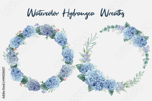 Canvas-taulu Beautiful watercolor floral wreaths with hydrangea flowers and eucalyptus branch