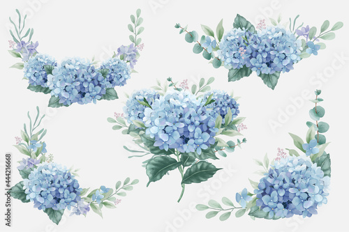 Fototapeta Beautiful watercolor floral bouquets with hydrangea flowers and eucalyptus branc