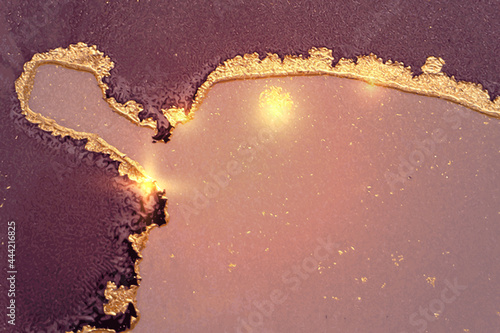 Burgundy, rose and gold abstract marble pattern with sparkles. Vector background in alcohol ink technique with glitter. Template for banner, poster design. Fluid art painting