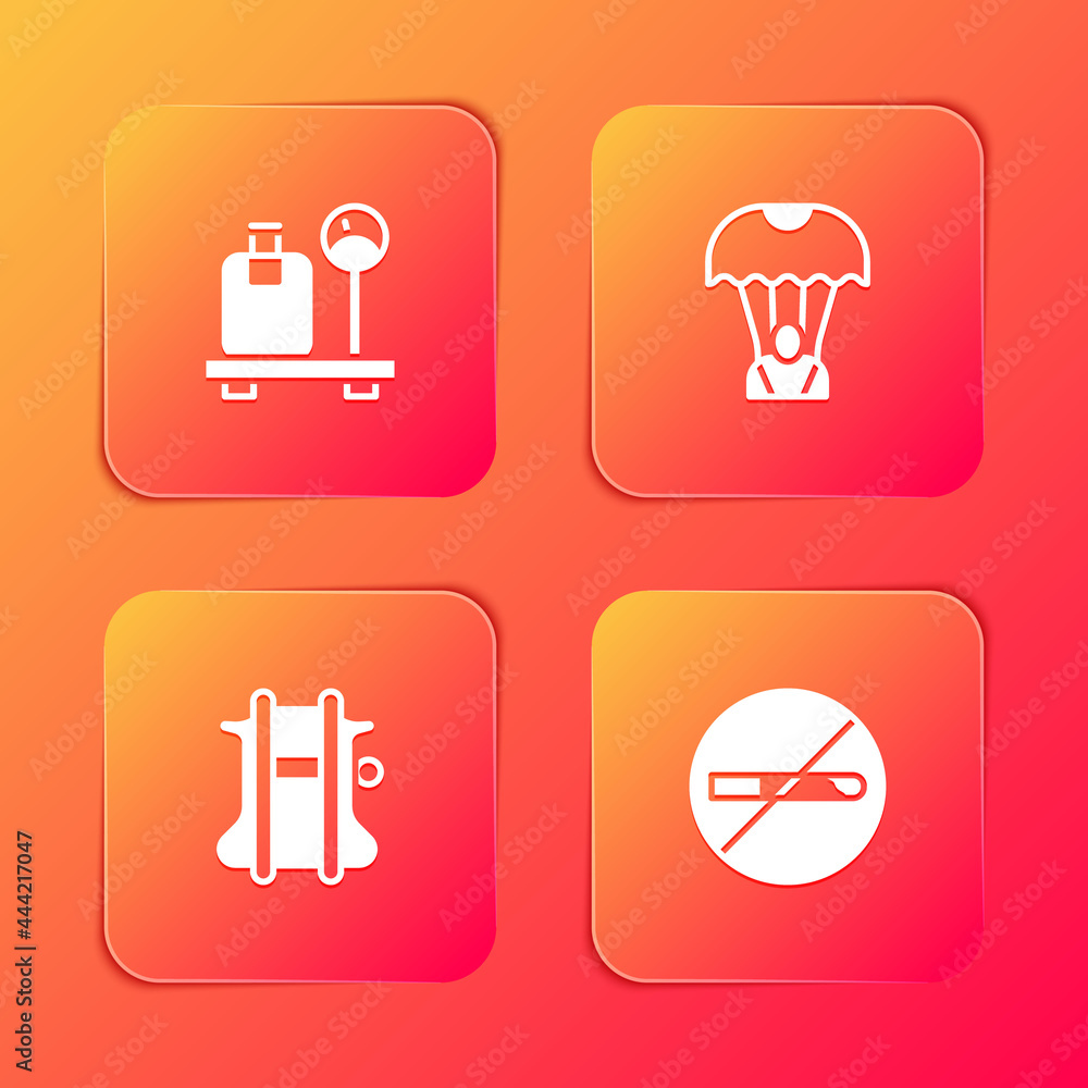 Set Scale with suitcase, Parachute, and No Smoking icon. Vector Set Scale with suitcase, Parachute, and No Smoking icon. Vector