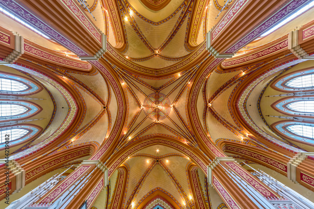 interior dome and looking up into a old gothic catholic  church ceiling
