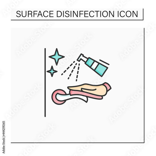 Door handle disinfection color icon.Doorknob wiping linear pictogram. Covid infection prevention measures, surface disinfection, sanitizing and householding concept.Isolated vector illustration 