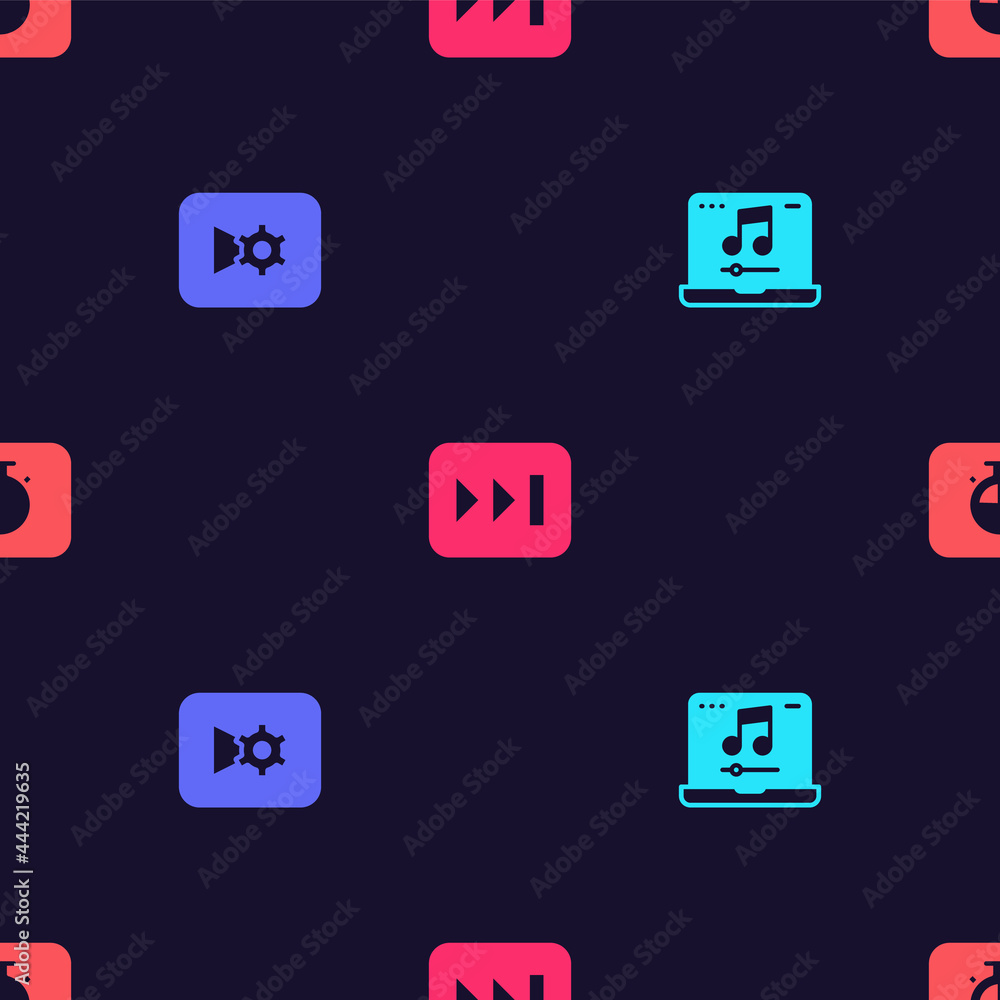 Set Laptop with music, Music or video settings, Fast forward and Stopwatch on seamless pattern. Vector Set Laptop with music, Music or video settings, Fast forward and Stopwatch on seamless pattern. Vector