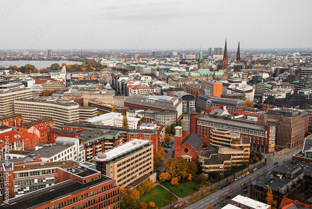 Aerial view of roads, buildings in city of Hamburg, Germany