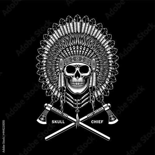 American Indian Chief Skull With Crossed Tomahawks On Black