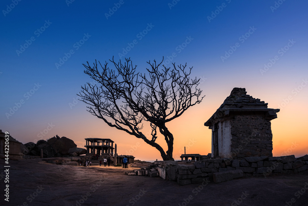 Beautiful ancient architecture of temples on Hemakuta Hill, Hampi, Karnataka, India.