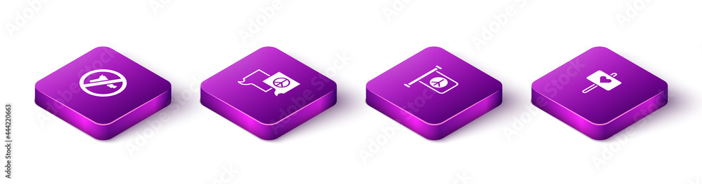 Set Isometric No war, Speech bubble chat, Flag peace and Peace icon. Vector Set Isometric No war, Speech bubble chat, Flag peace and Peace icon. Vector