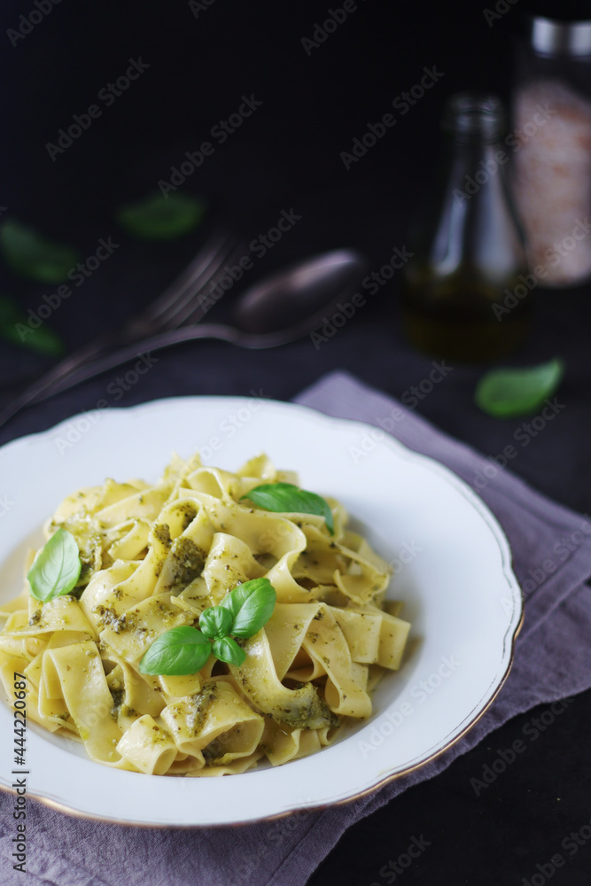 Tagliatelle pasta with pesto sauce