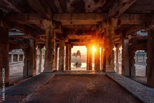 View of sunrise at Pushkarni  Sri Krishna tank in ruins. Hampi  karnataka  India.