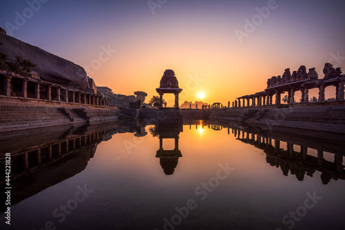 View of sunrise at Pushkarni, Sri Krishna tank in ruins. Hampi, karnataka, India. photo